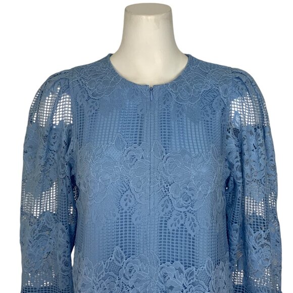 Ganni Lace Mini Dress 38 Placid Blue 3/4 Sleeve Zipper Front Shift MISSING BELT - Picture 8 of 12